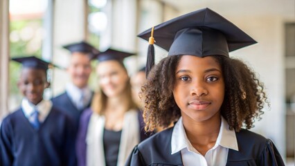 Close up photography of a young African American girl graduating, wearing a graduation cap and gown. Blurred students in the background