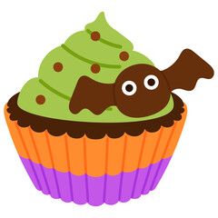 halloween cupcakes with green cream and bat chocolate  on top , in the orange and purple cup illustration 