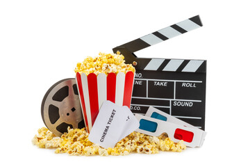 Tasty popcorn in buckets and cold cola drinks with cinema tickets, movie clapper and 3D eyeglasses...
