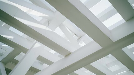 Obraz premium Sunlight pierces through overlapping white beams, creating an abstract geometric pattern with light and shadow interplay.