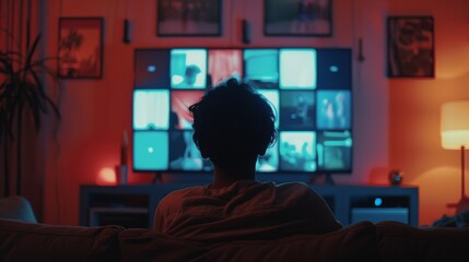 Fototapeta premium A person sits on a couch, their silhouette illuminated by the glow of multiple screens in a dimly lit room, crafting a mood of quiet focus or contemplation.