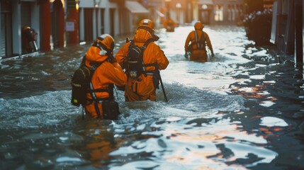 Fototapeta premium Rescuers in bright orange suits wade through high floodwaters in a submerged street during a mission.