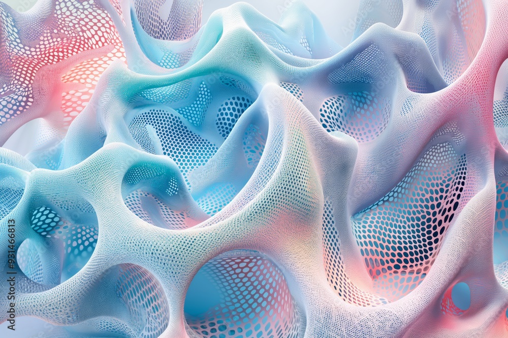 Poster a futuristic, dynamic abstract design with a colorful, porous structure, blending light and motion c