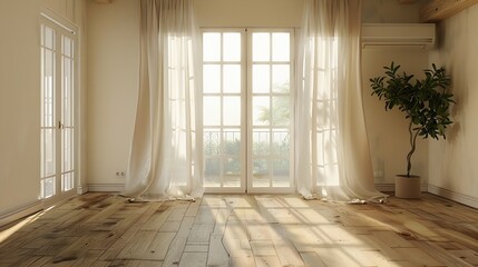 Fototapeta premium Empty room with old brown stoneware floor wall air conditioner cheap wooden access doors to other rooms and balcony with curtains and sheers : Generative AI
