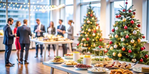 Festive Office Christmas Party with Delicious Food. A beautifully decorated office space with Christmas trees and festive lights, set up for a holiday party.