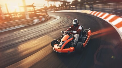 A person in a go-kart speeds through a racetrack curving sharply, embraced by sunlight, signifying adrenaline and speed.