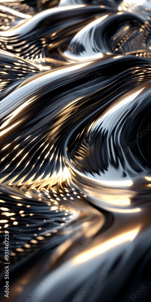 Poster a dynamic, shiny metallic curve with golden shimmering, creating a fluid abstract background texture