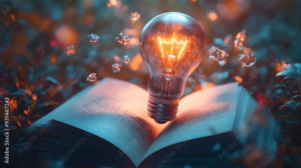 Poster conceptual 3d rendered light bulb sprouting from open book with abstract hovering shapes in soft pas