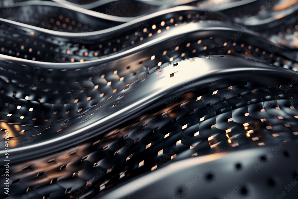 Poster an abstract metallic wave with shiny lines and a textured surface, creating a futuristic backdrop.