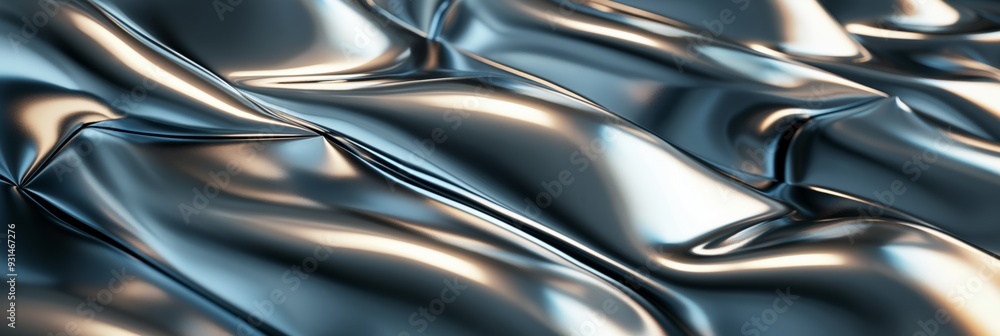 Poster metallic liquid curves with reflective ripples create a smooth, shiny abstract background in silver.
