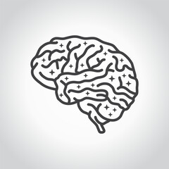 Black and white outline brain with stars inside.