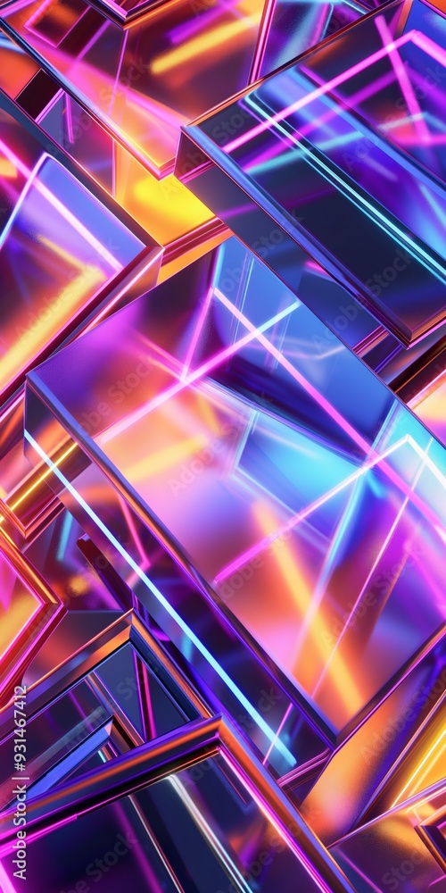 Poster a neon abstract design with vivid crystal textures and intricate geometric patterns.