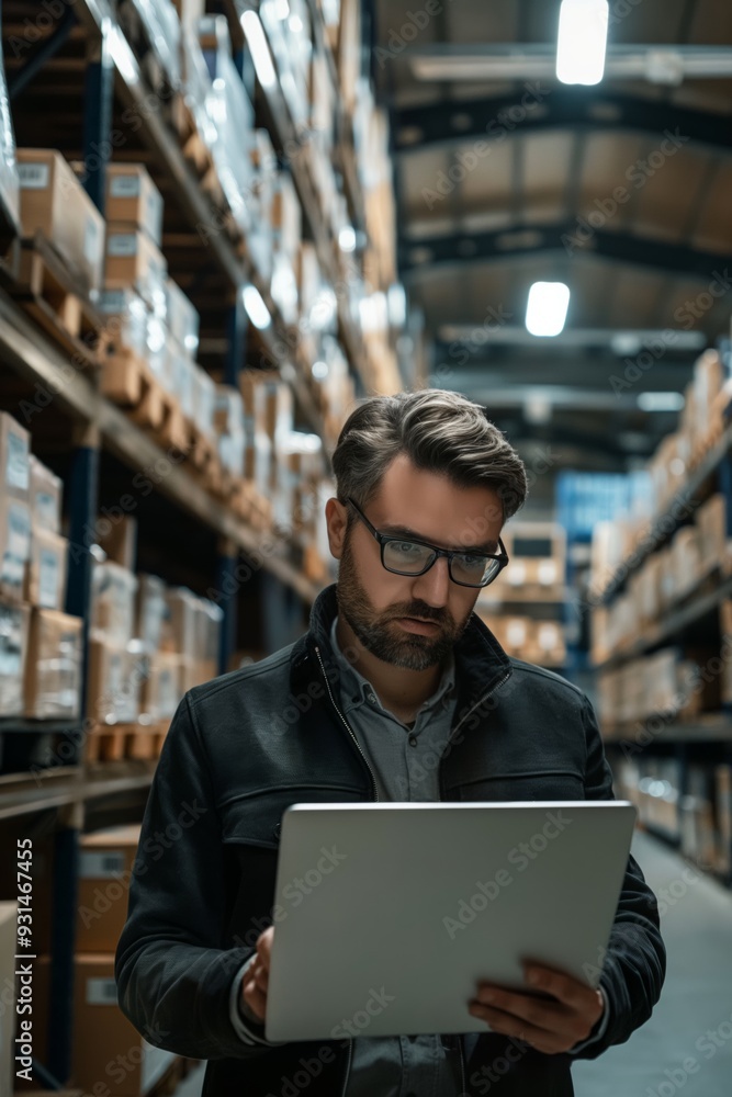 Poster a logistic supervisor checking stock on a tablet, managing distribution and storage in a warehouse.