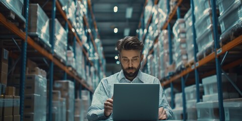An accountant using a laptop to check inventory in a warehouse, managing logistics and shipping.