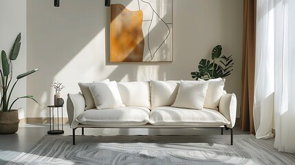 Modern white designer sofa on legs with cushions on grey carpet in middle of minimalistic living room with high ceiling futuristic chair green plant abstract picture and two vases on t : Generative AI