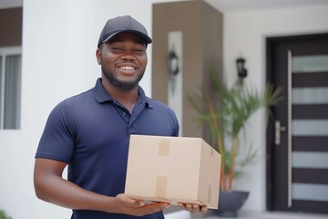 An African courier delivers a package, smiling while holding the box in a professional uniform.