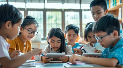 A lively classroom scene with children gathered around a table engaging with tablets and collaborating on a project.
