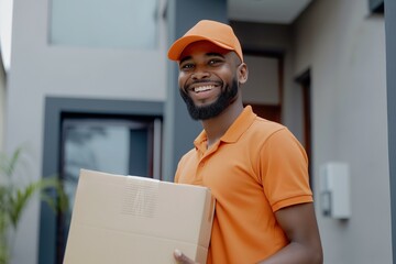 An African courier smiles while holding a parcel, wearing a uniform and cap, showcasing his happy demeanor.
