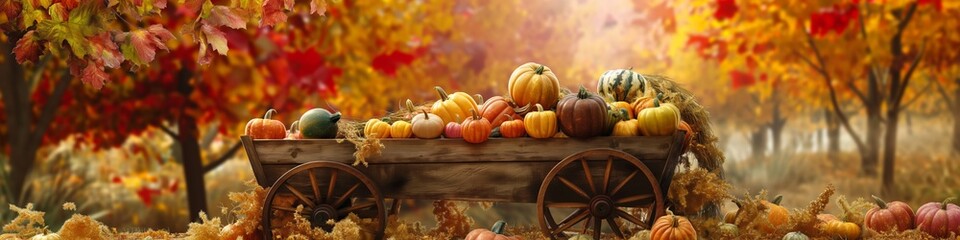 A seasonal harvest scene with abundant pumpkins and rustic timber carts, set in a bright rural countryside.