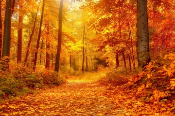 Fototapeta premium Sunbeams illuminate vibrant foliage along a golden autumnal path in a tranquil woodland setting.