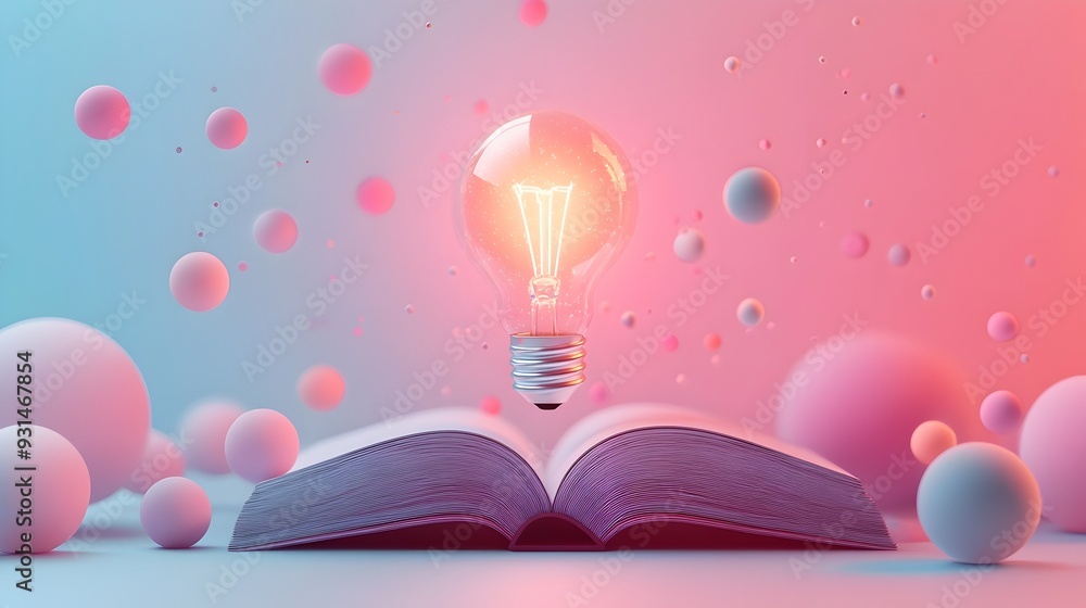 Poster glowing bulb levitating from open book symbolizing creativity and learning in minimalist pastel back
