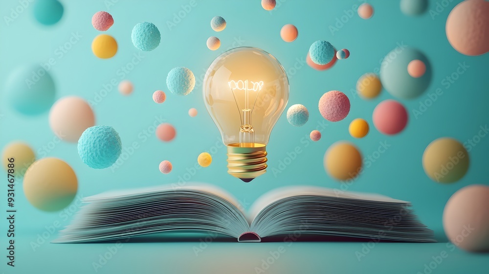 Poster imagination springing forth from an open book in vibrant 3d shapes