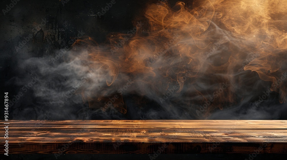 Poster On a black background an empty wooden table with smoke floats up Empty space for displaying your products with a smoke float up on a dark background Space available for displaying your : Generative AI