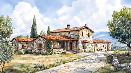 Obraz premium Watercolor Painting of a Stone Farmhouse with a Cobblestone Path and Lush Green Landscape.