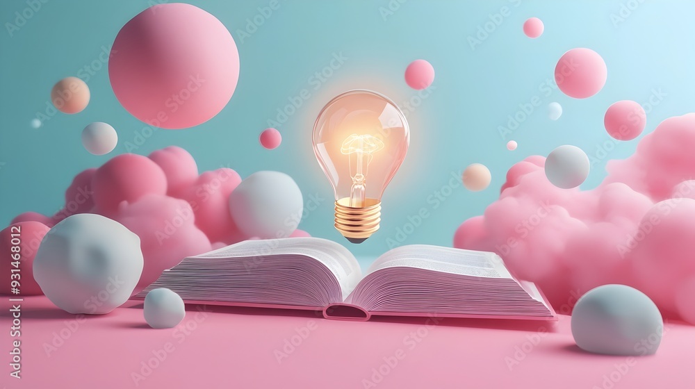 Poster creative concept of knowledge 3d rendered open book with glowing lightbulb and floating shapes in pa