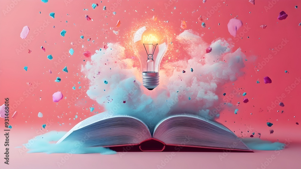 Aufkleber surreal open book with glowing light bulb and abstract shapes pastel backdrop representing creativit