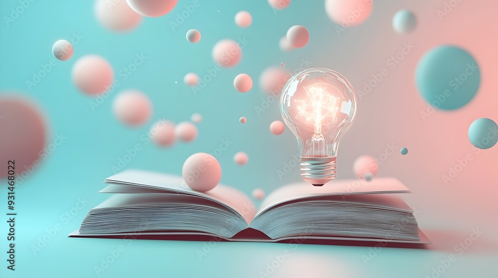 Poster glowing knowledge 3d rendered book concept with floating shapes