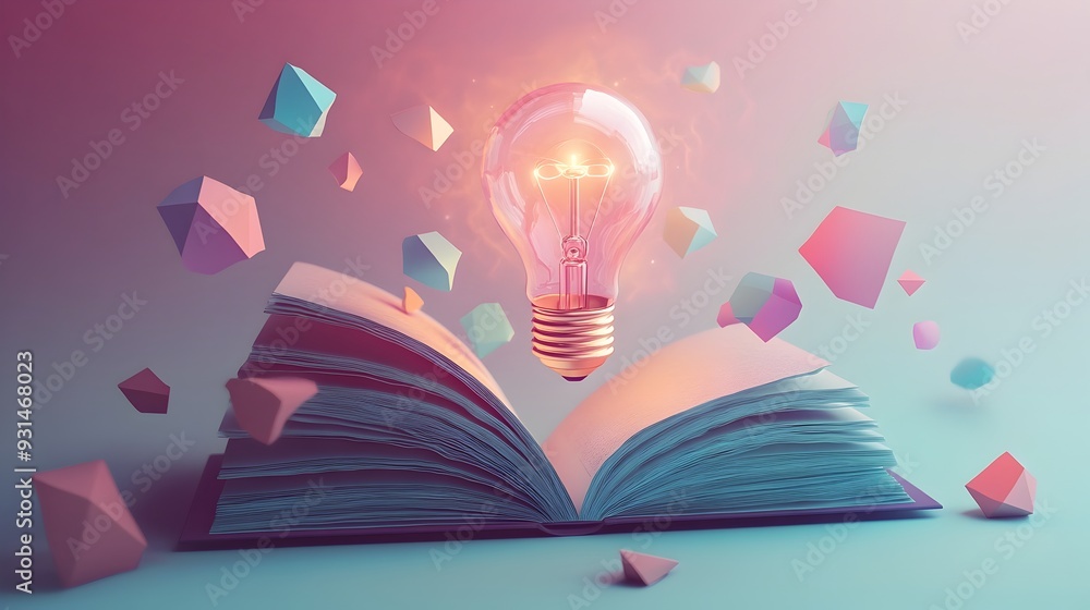 Poster light of knowledge bulb emerging from book with floating geometric shapes