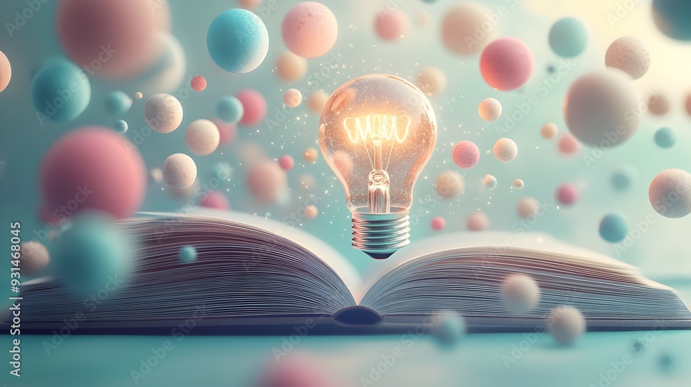 Poster radiant light bulb rising from open book with floating colorful spheres in soft pastel setting