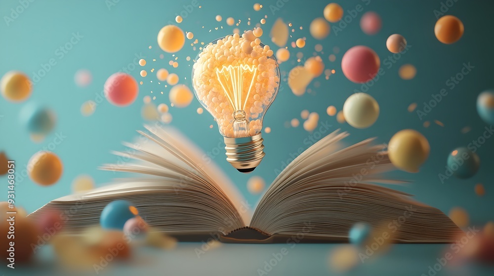 Aufkleber radiant light bulb rising from open book with floating colorful spheres in soft pastel setting