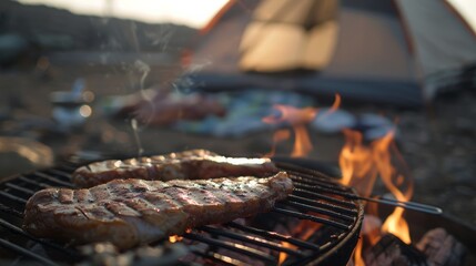 Grilled steaks cooking over an open flame, with a tent set up in the background suggesting an outdoor camping adventure.