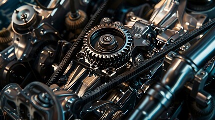 Intricate and shiny engine components, gears, and mechanical parts in a close-up view, showcasing engineering precision.