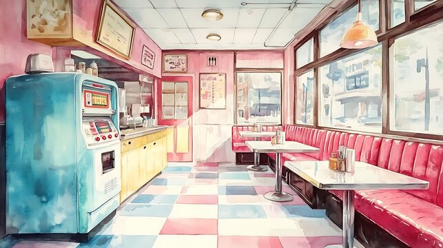 Watercolor Illustration of a Retro Diner Interior with Pink Booths.