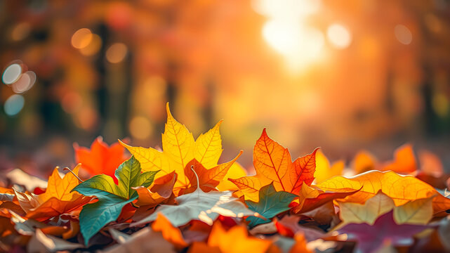 Autumn colorful bright leaves on tree in autumnal park. Autumnal pattern background fall backdrop. Raindrops and serene sunset light, soft focus bokeh blur tranquil. Magical mood, colorful foliage. AI