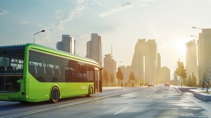 A vibrant green city bus travels through an urban landscape at sunset, with towering skyscrapers in the background and a serene, golden hue illuminating the scene.