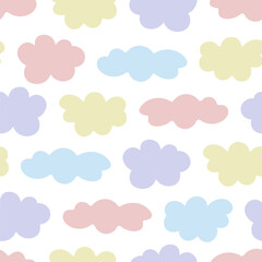 Cumulus multicolored clouds. Endless vector pattern. Seamless repeating sky ornament. Isolated colorless background. Small plump and elongated clouds. Flat style. Idea for web design.