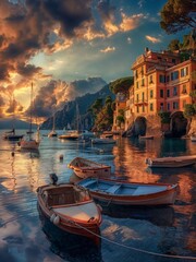 Naklejka premium A serene sunset scene at a harbor with a picturesque Italian villa in the background.