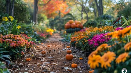 a gorgeous autumn landscape in the garden with colorful flowers pumpkins and origami flowers and lush green trees and plants at Atlanta Botanical Garden in Atlanta Georgia USA : Generative AI