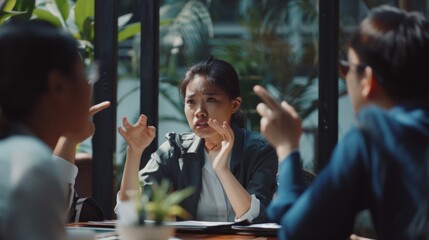 A young woman energetically discusses a topic at a meeting, animated hand gestures underscoring her passionate points, surrounded by colleagues.
