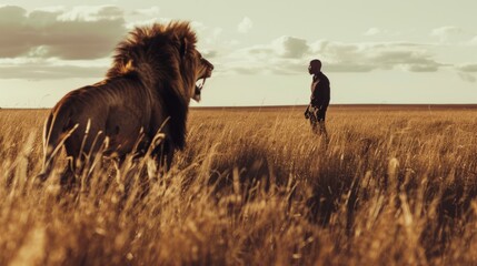 A dramatic scene of a man standing in a savannah with a roaring lion, highlighting a moment of confrontation.