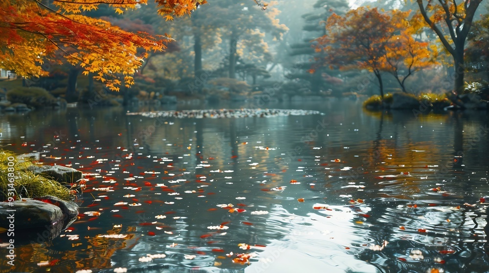 Poster A Japanese garden with a Japanese maples on the forgetting and background sure surrounding a carp lake : Generative AI