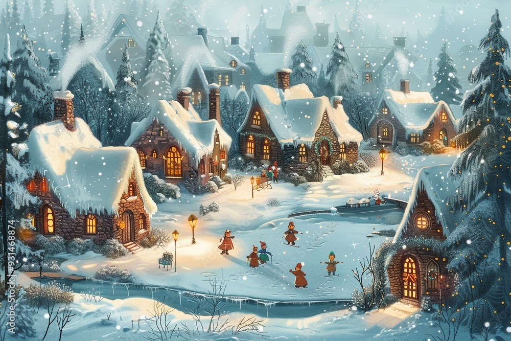Poster snow-covered cottages glow warmly as children skate on an ice rink, creating a magical winter atmosp