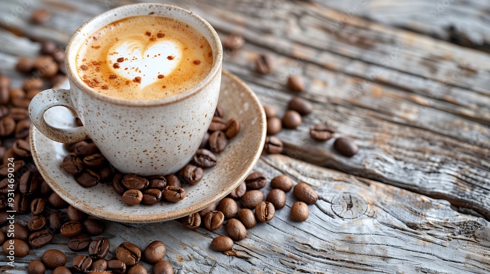 Poster cup of coffee latte with heart shape and coffee beans on old wooden background : generative ai