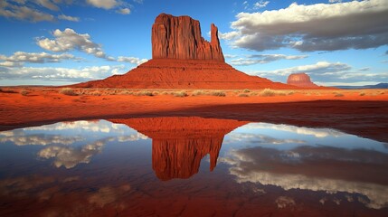 West and East Mitten Butte reflected in red water at Monument Valley tribal park, Arizona. USA