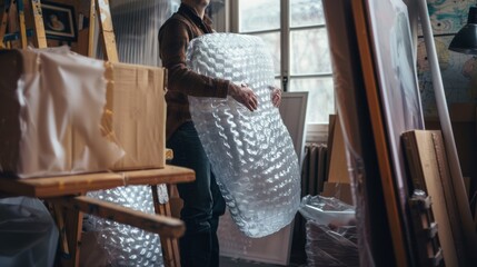 An artist in a cozy studio carefully wraps a framed painting in bubble wrap, ensuring its protection among other artworks and supplies scattered around.
