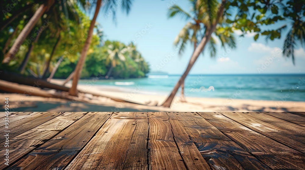 Aufkleber Empty wooden table with blurred beach with coconut trees in the background : Generative AI